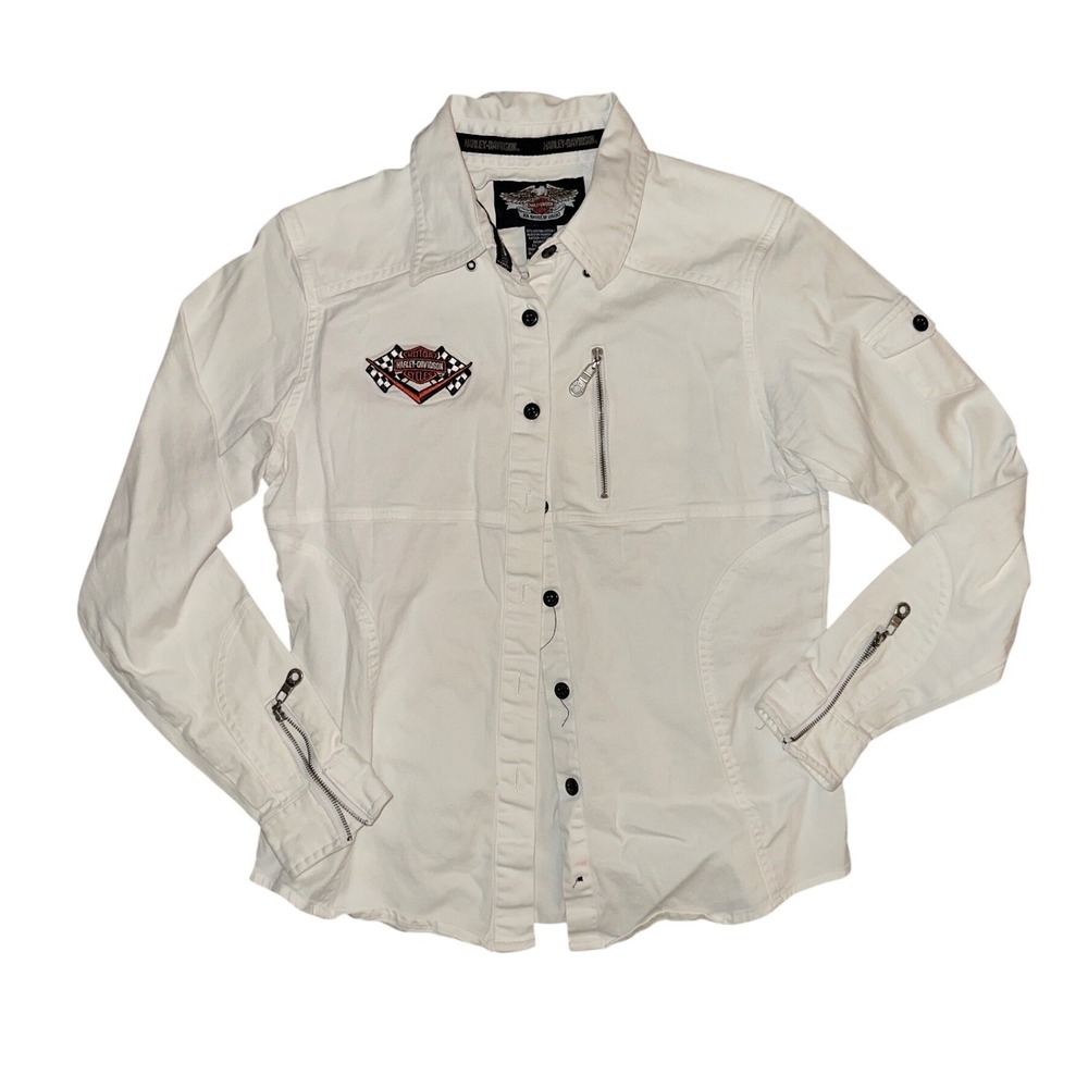 Harley-Davidson Womens White Denim Button Down Shirt Moto Graphic Patch Medium